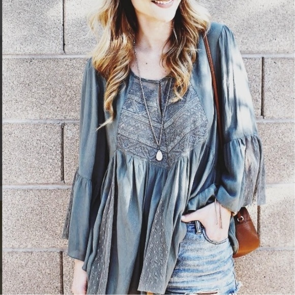 Free People Edwardian Angelic Lace Tunic Top Dark Gray XS Flowy Fairy Gypsy Y2K - Picture 10 of 17